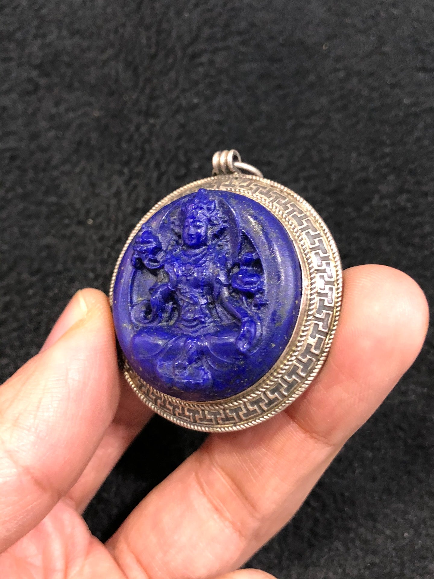 A0164 Old Chinese Pure Silver Inlay Gem & Lapis Lazuli Kwan-yin Pendant