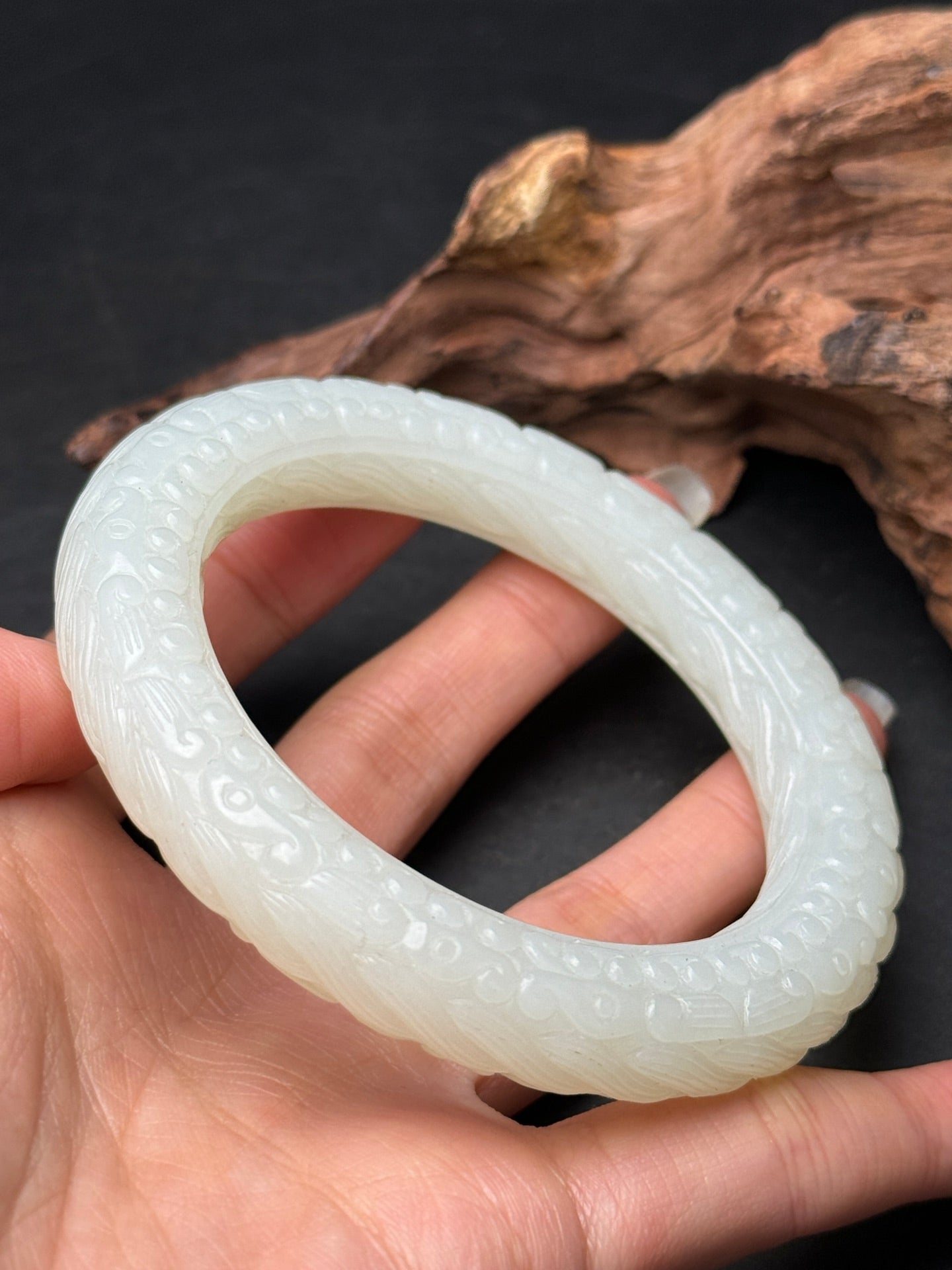 A0168 Inside Diameter 57MM Chinese Natural Hetian Jade Low Relief Dragon & Cloud Design Bracelet