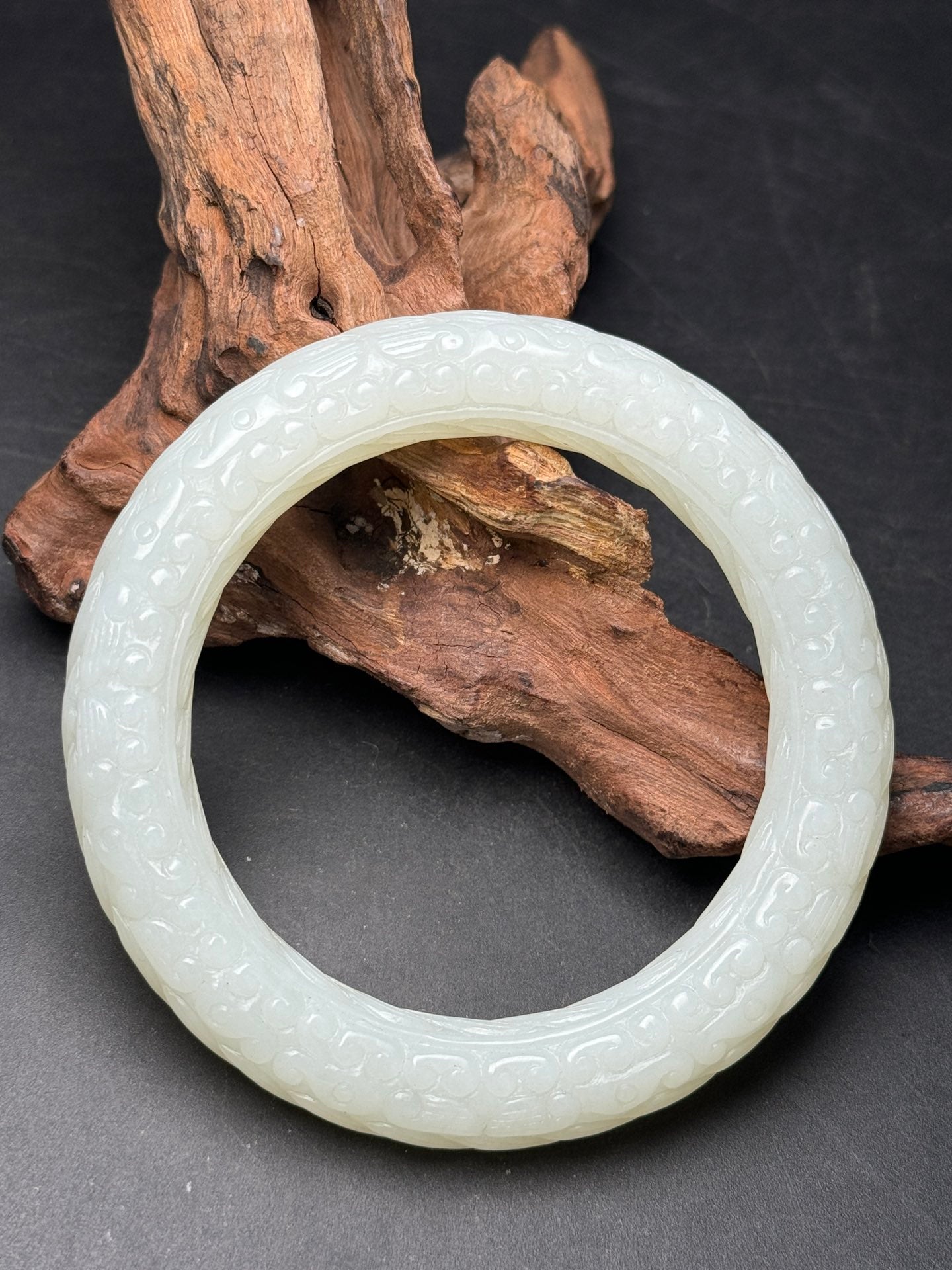 A0168 Inside Diameter 57MM Chinese Natural Hetian Jade Low Relief Dragon & Cloud Design Bracelet