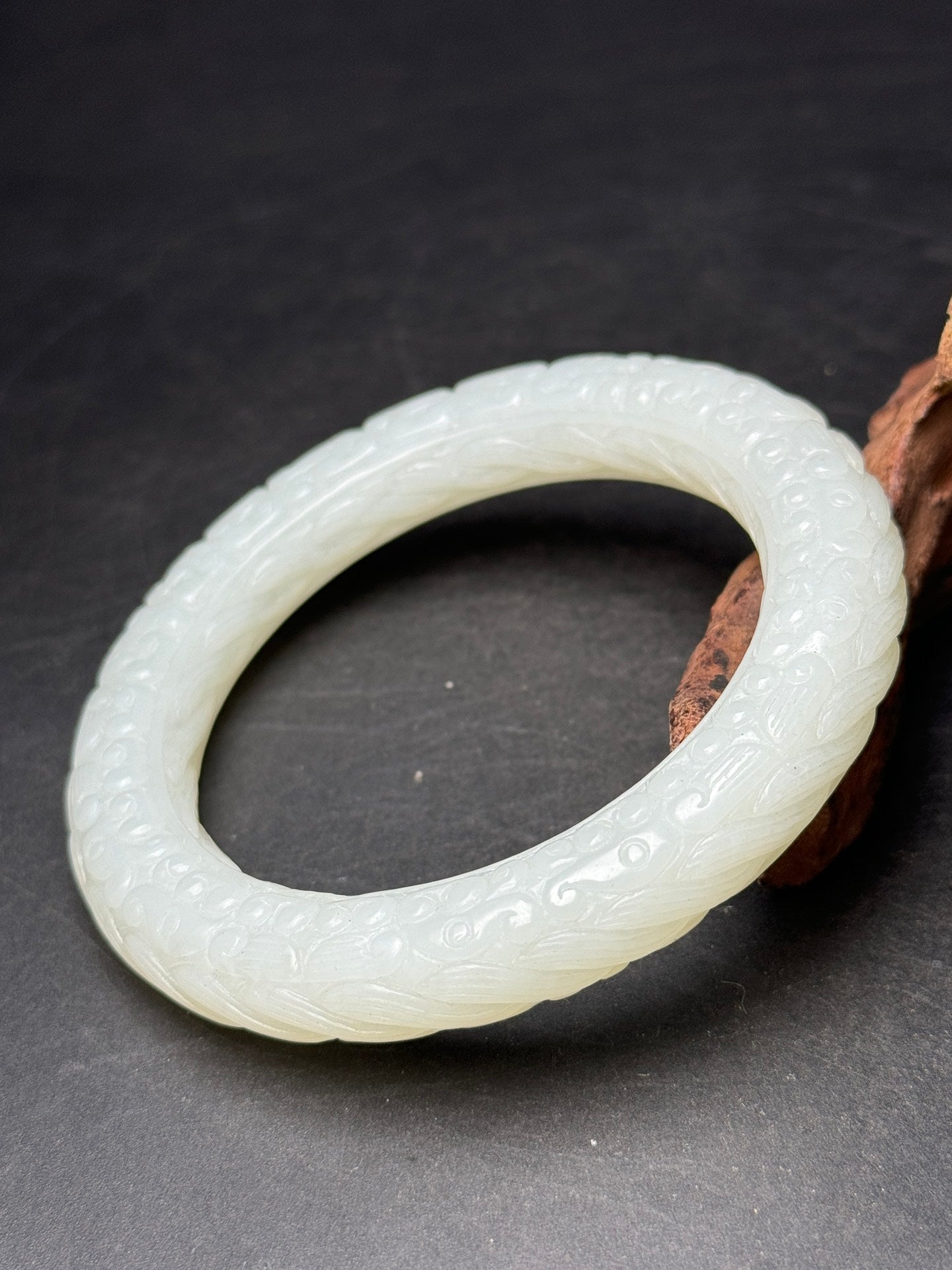 A0168 Inside Diameter 57MM Chinese Natural Hetian Jade Low Relief Dragon & Cloud Design Bracelet