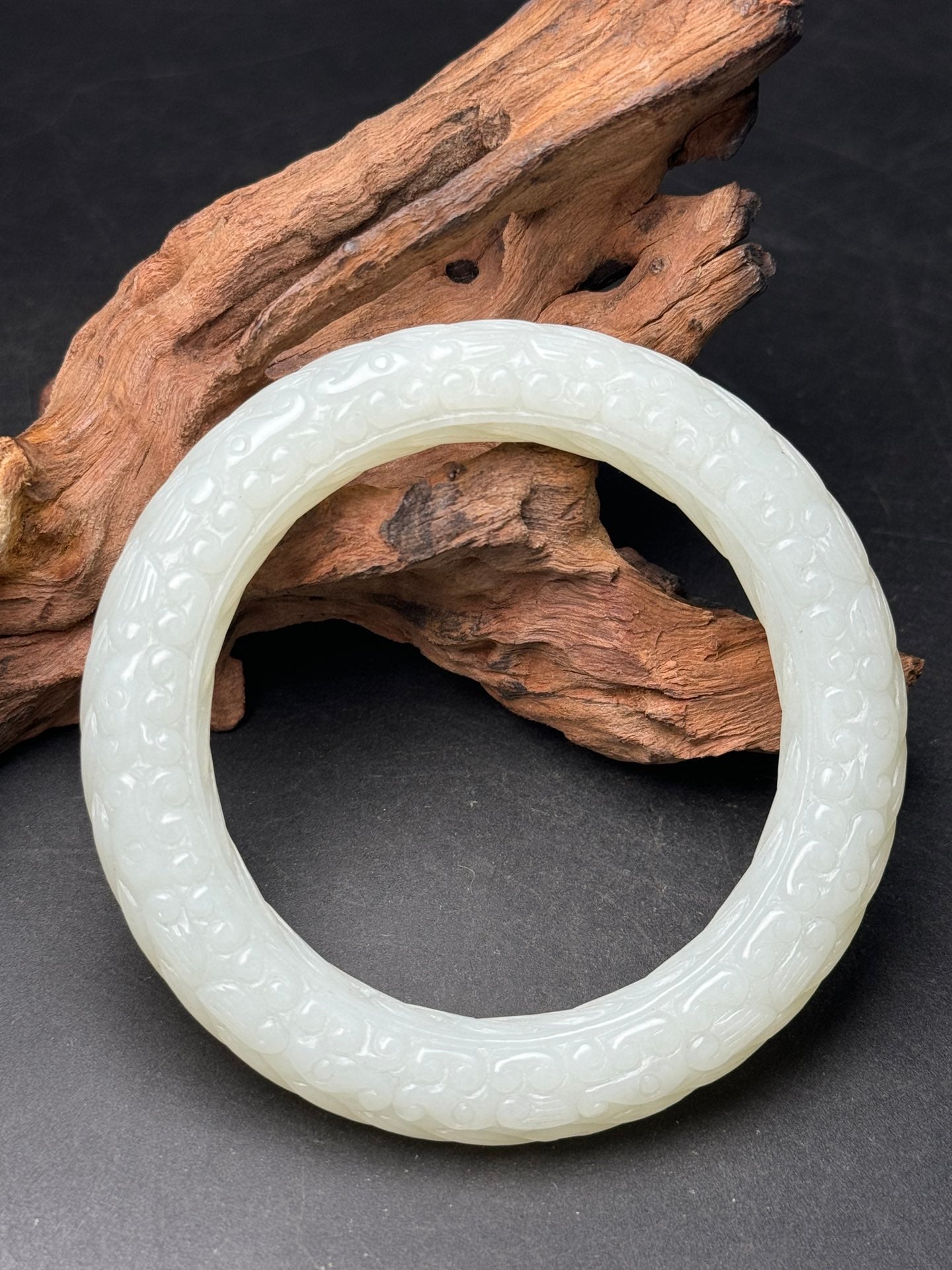 A0168 Inside Diameter 57MM Chinese Natural Hetian Jade Low Relief Dragon & Cloud Design Bracelet