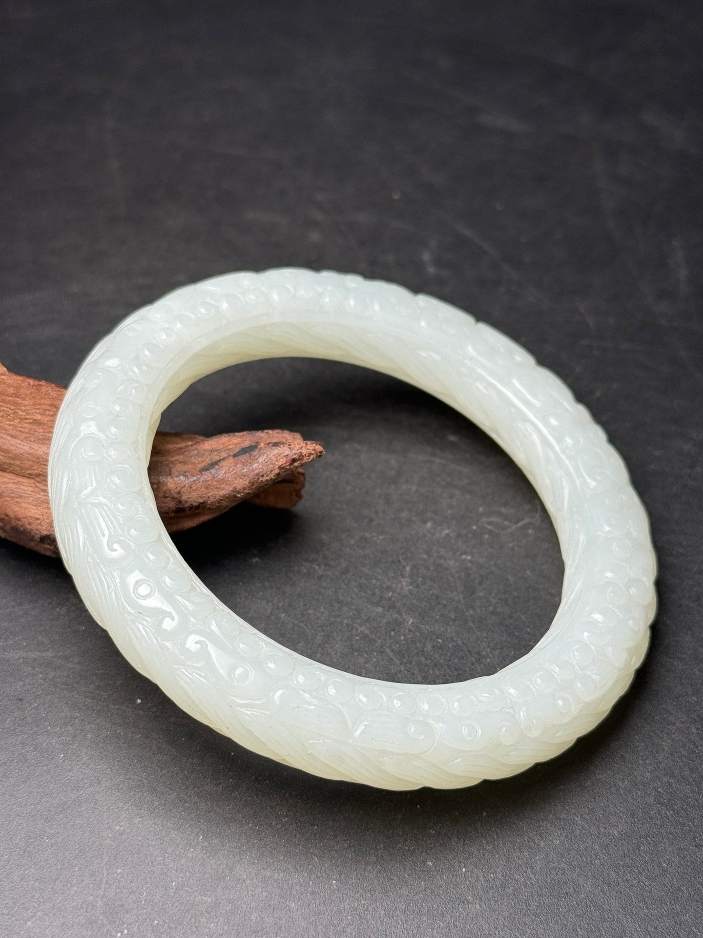 A0168 Inside Diameter 57MM Chinese Natural Hetian Jade Low Relief Dragon & Cloud Design Bracelet