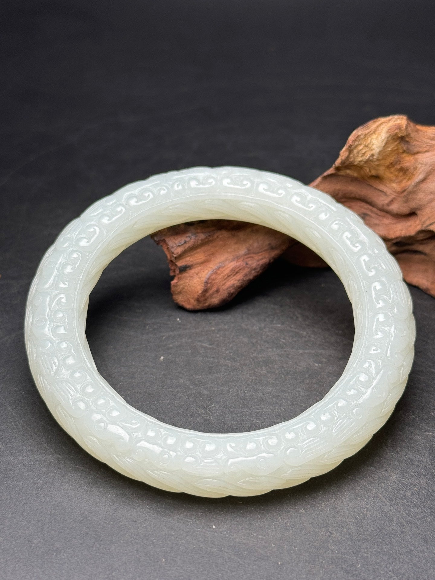 A0168 Inside Diameter 57MM Chinese Natural Hetian Jade Low Relief Dragon & Cloud Design Bracelet