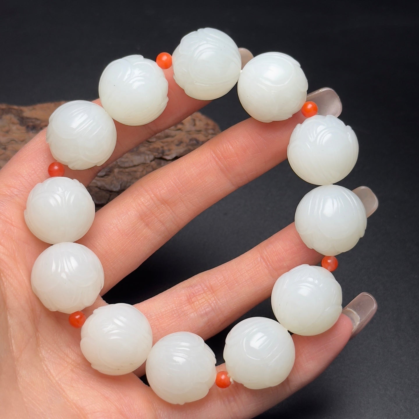 A0170 18MM Bead Chinese Natural Hetian Jade Lotus Flower Beads Bracelet