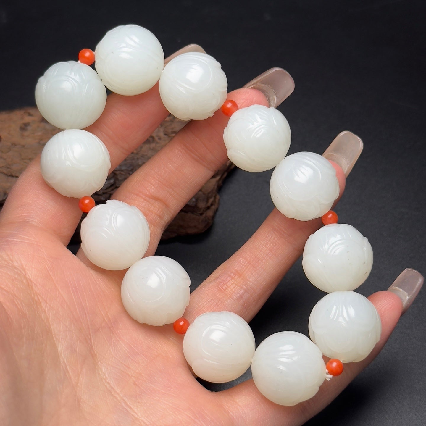 A0170 18MM Bead Chinese Natural Hetian Jade Lotus Flower Beads Bracelet