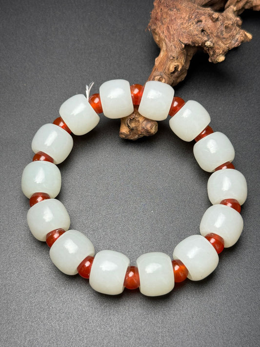 A0171 Chinese Natural White Hetian Jade Beads Bracelet