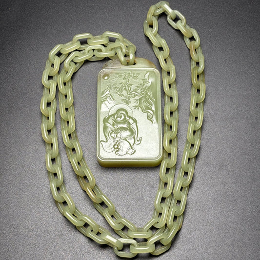 A0173 Chinese Natural Hetian Jade Carved Laughing Buddha Pendant w Chain Necklace