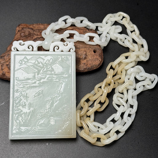 A0174 Chinese Natural Hetian Jade Mountain River Scene Design Pendant w Chain Necklace