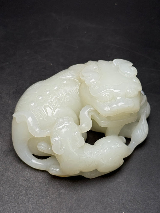 A0181 Superb Chinese Natural Hetian Jade Carved Double Lion Statue