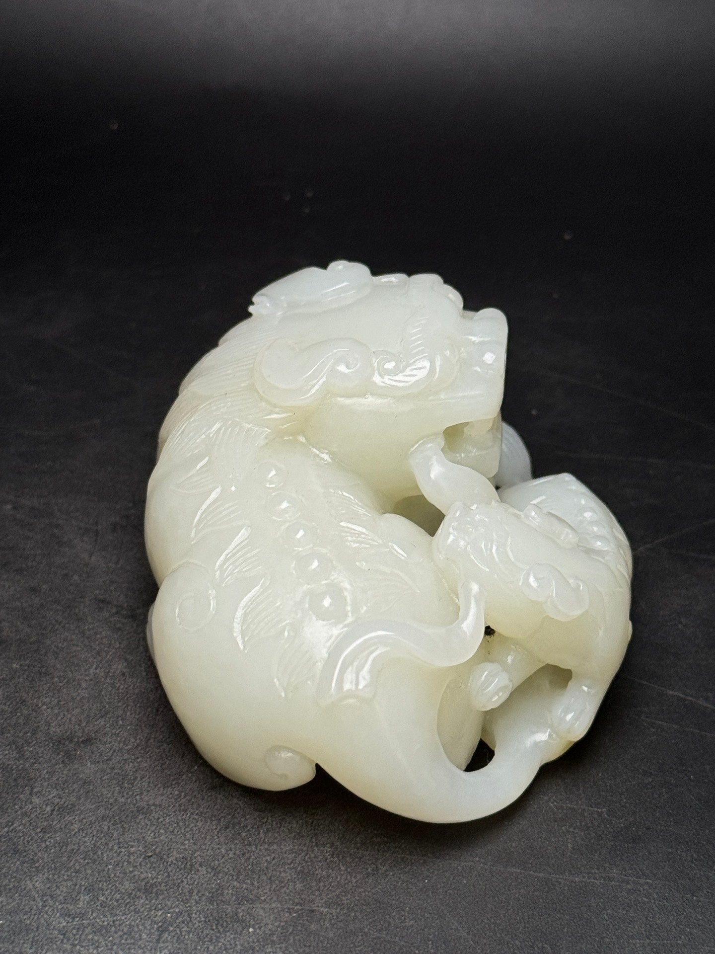 A0181 Superb Chinese Natural Hetian Jade Carved Double Lion Statue