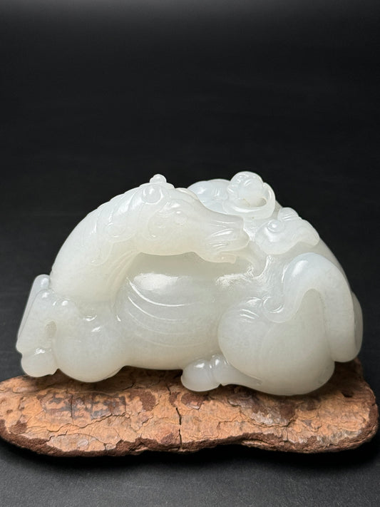 A0185 Chinese Natural Hetian Jade Carved Horse & Monkey Statue