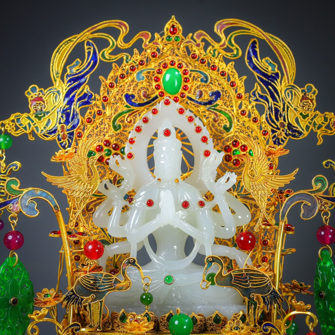 A0190 Exquisite Chinese Gold Wires Enamel Inlay Gem & White Hetian Jade Eight Arms Kwan-yin Statue