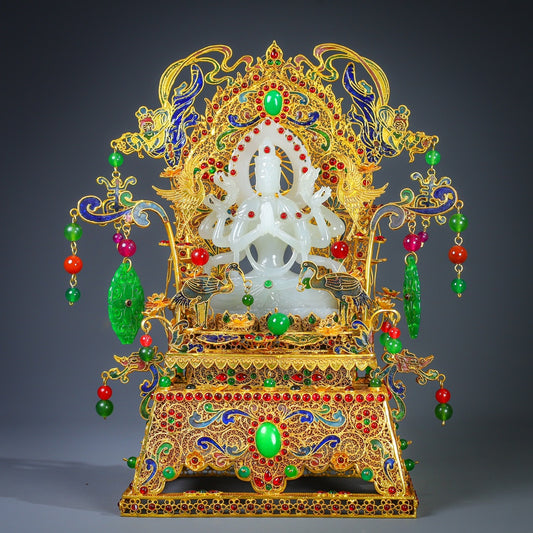 A0190 Exquisite Chinese Gold Wires Enamel Inlay Gem & White Hetian Jade Eight Arms Kwan-yin Statue