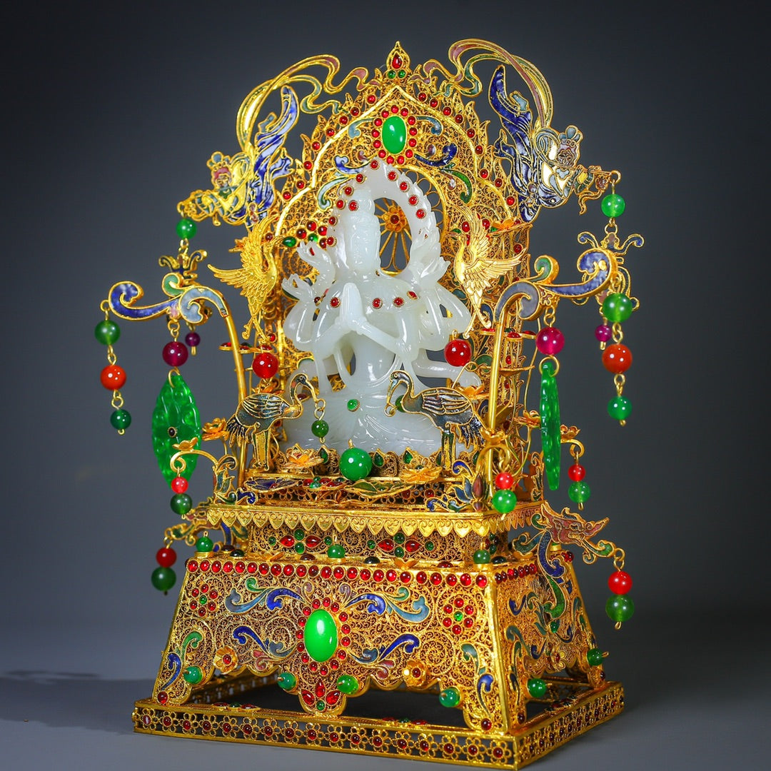 A0190 Exquisite Chinese Gold Wires Enamel Inlay Gem & White Hetian Jade Eight Arms Kwan-yin Statue