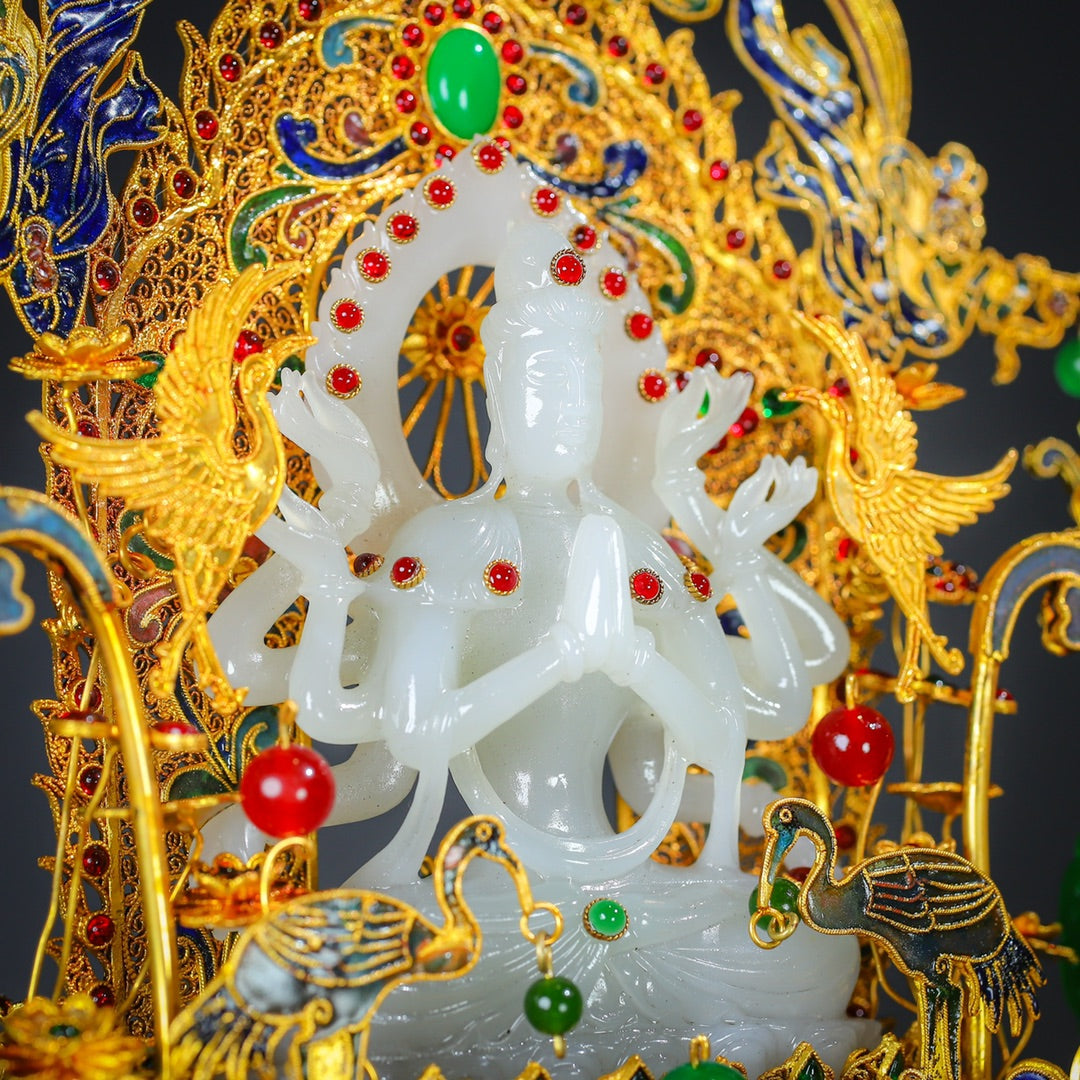 A0190 Exquisite Chinese Gold Wires Enamel Inlay Gem & White Hetian Jade Eight Arms Kwan-yin Statue