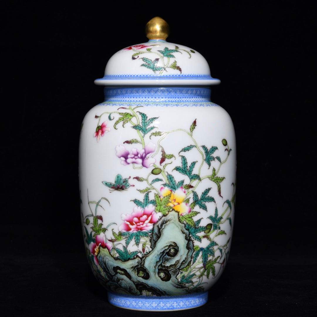 A0191 Chinese Gilt Gold Blue And White Porcelain Famille Rose Flower & Butterfly Design Porcelain Pot