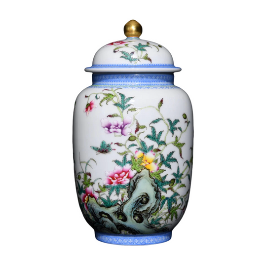 A0191 Chinese Gilt Gold Blue And White Porcelain Famille Rose Flower & Butterfly Design Porcelain Pot