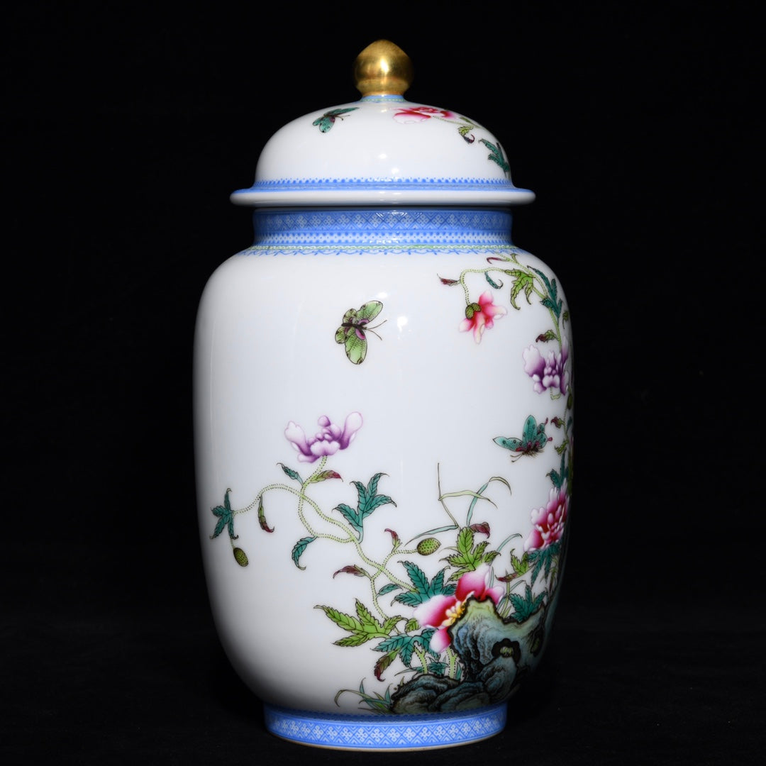 A0191 Chinese Gilt Gold Blue And White Porcelain Famille Rose Flower & Butterfly Design Porcelain Pot