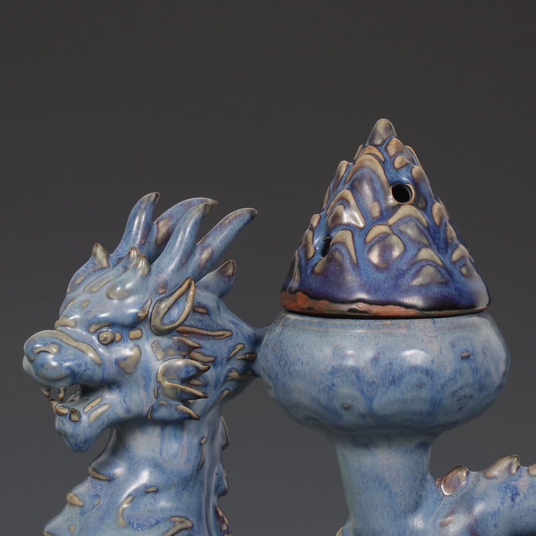 A0194 Chinese Jun Kiln Variable Glaze Fortune Dragon Shape Porcelain Incense Burner w Box