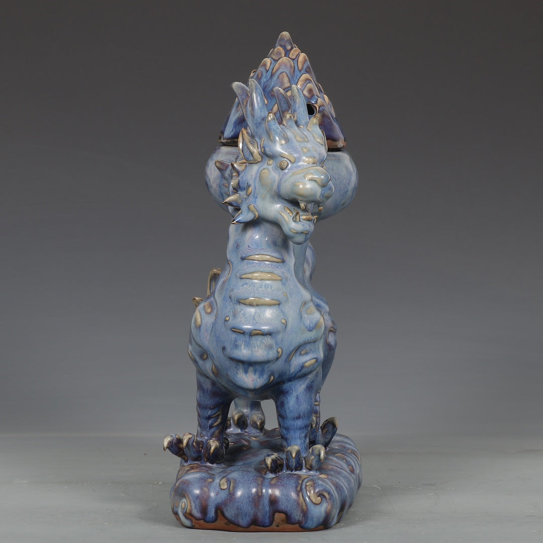 A0194 Chinese Jun Kiln Variable Glaze Fortune Dragon Shape Porcelain Incense Burner w Box