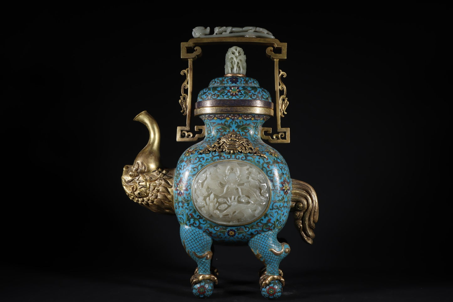 A0195 High Quality Chinese Qing Dynasty Gilt Gold Bronze Cloisonne Inlay Hetian Jade Dragon Head Handle Big Teapot