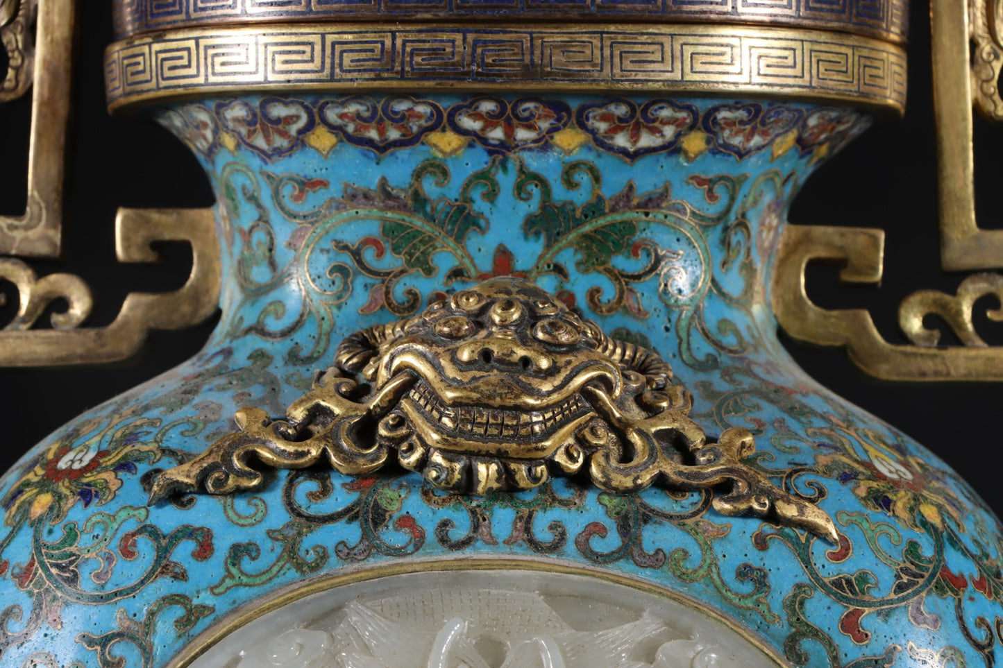 A0195 High Quality Chinese Qing Dynasty Gilt Gold Bronze Cloisonne Inlay Hetian Jade Dragon Head Handle Big Teapot