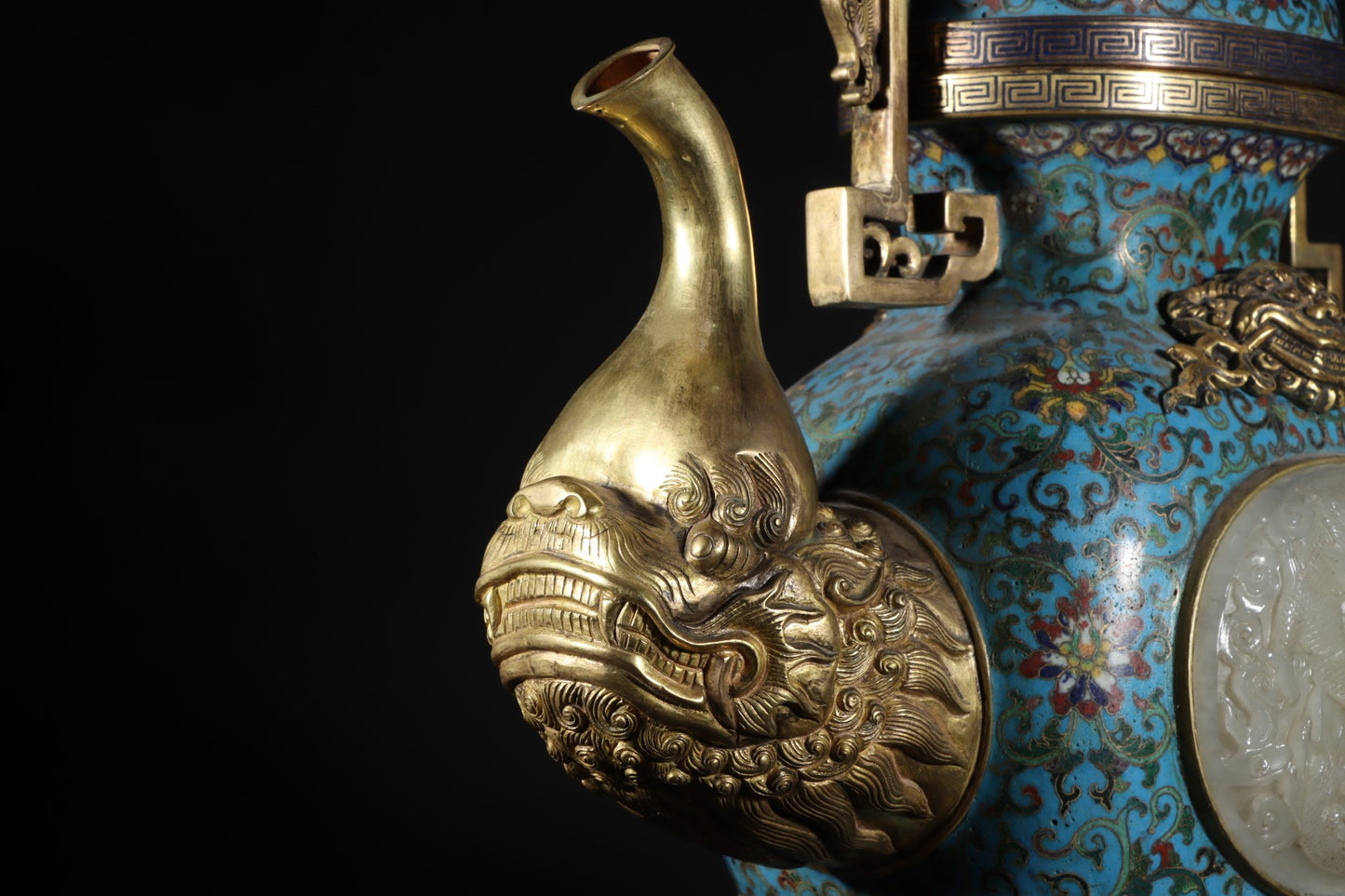 A0195 High Quality Chinese Qing Dynasty Gilt Gold Bronze Cloisonne Inlay Hetian Jade Dragon Head Handle Big Teapot