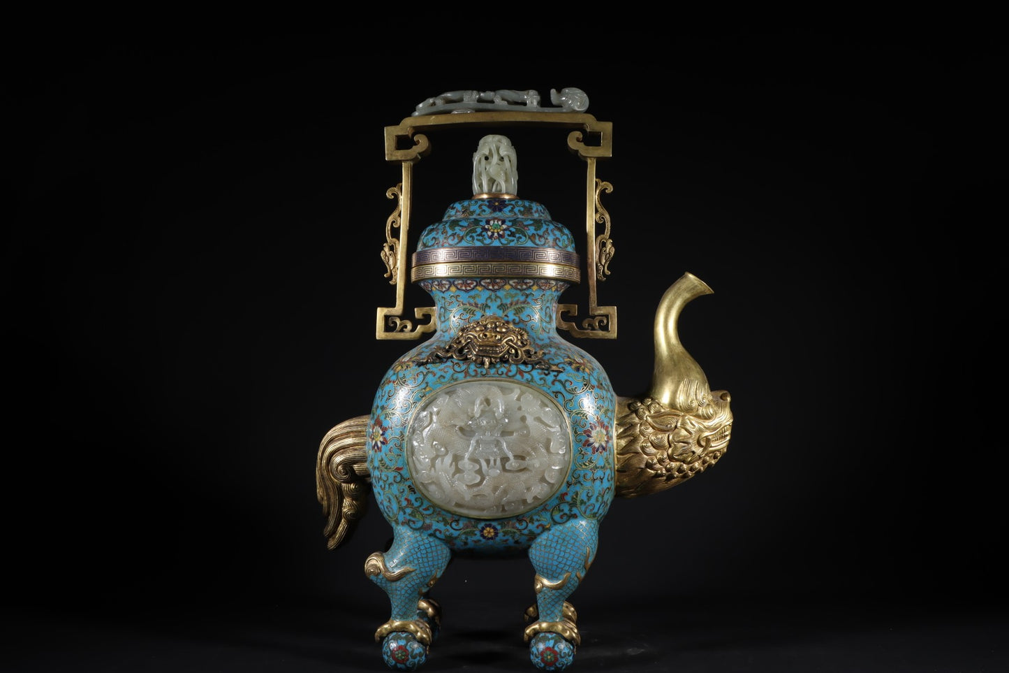 A0195 High Quality Chinese Qing Dynasty Gilt Gold Bronze Cloisonne Inlay Hetian Jade Dragon Head Handle Big Teapot