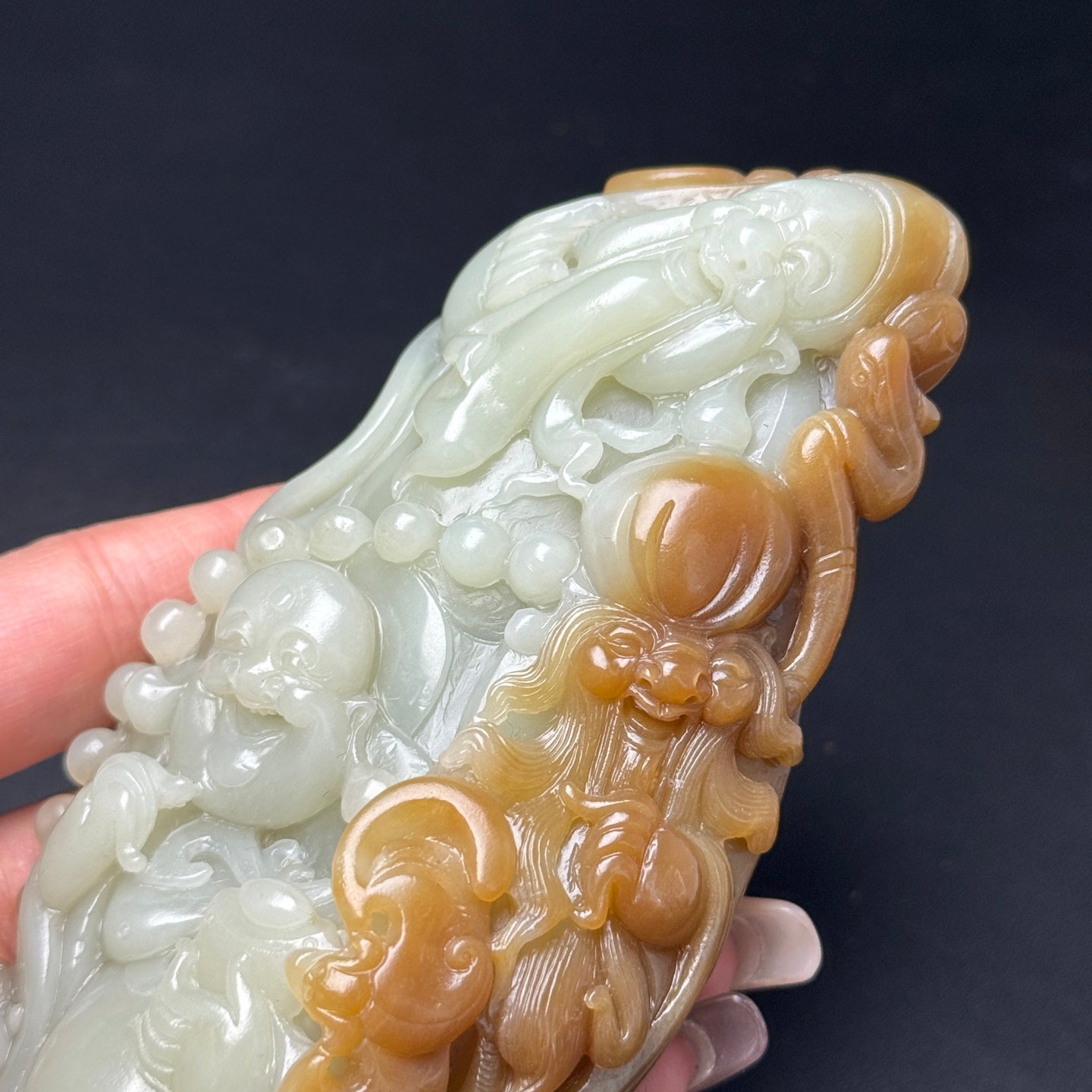 A0199 Chinese Natural Double Color Hetian Jade Carved Taoism Deity Fukurokuju Statue