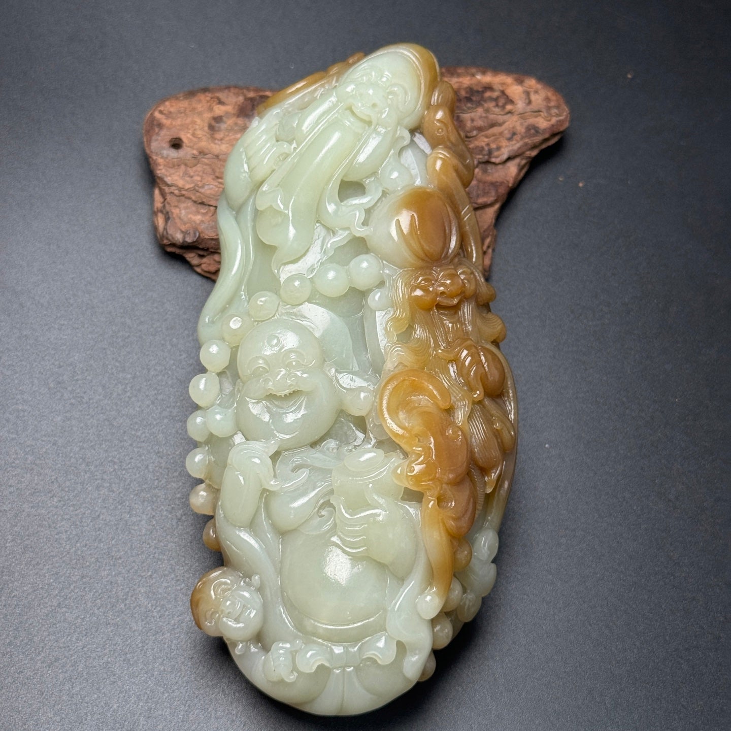 A0199 Chinese Natural Double Color Hetian Jade Carved Taoism Deity Fukurokuju Statue