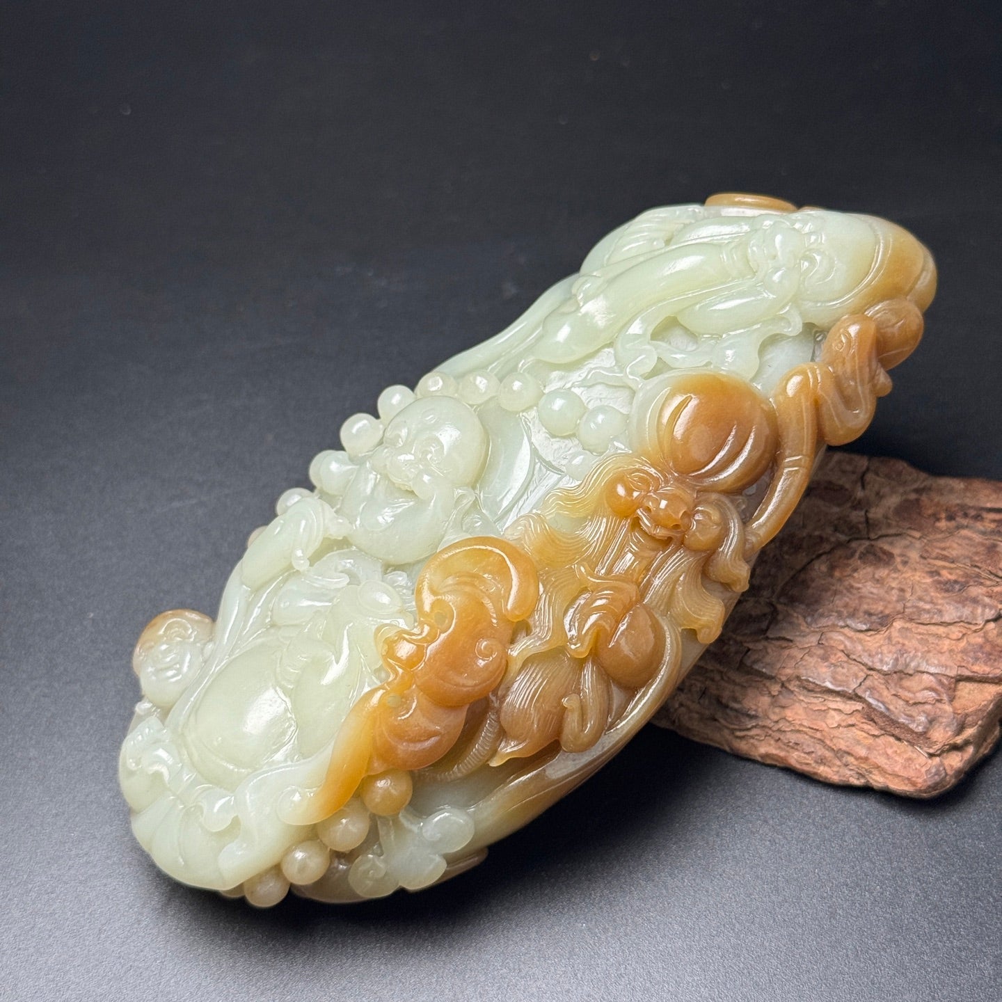 A0199 Chinese Natural Double Color Hetian Jade Carved Taoism Deity Fukurokuju Statue