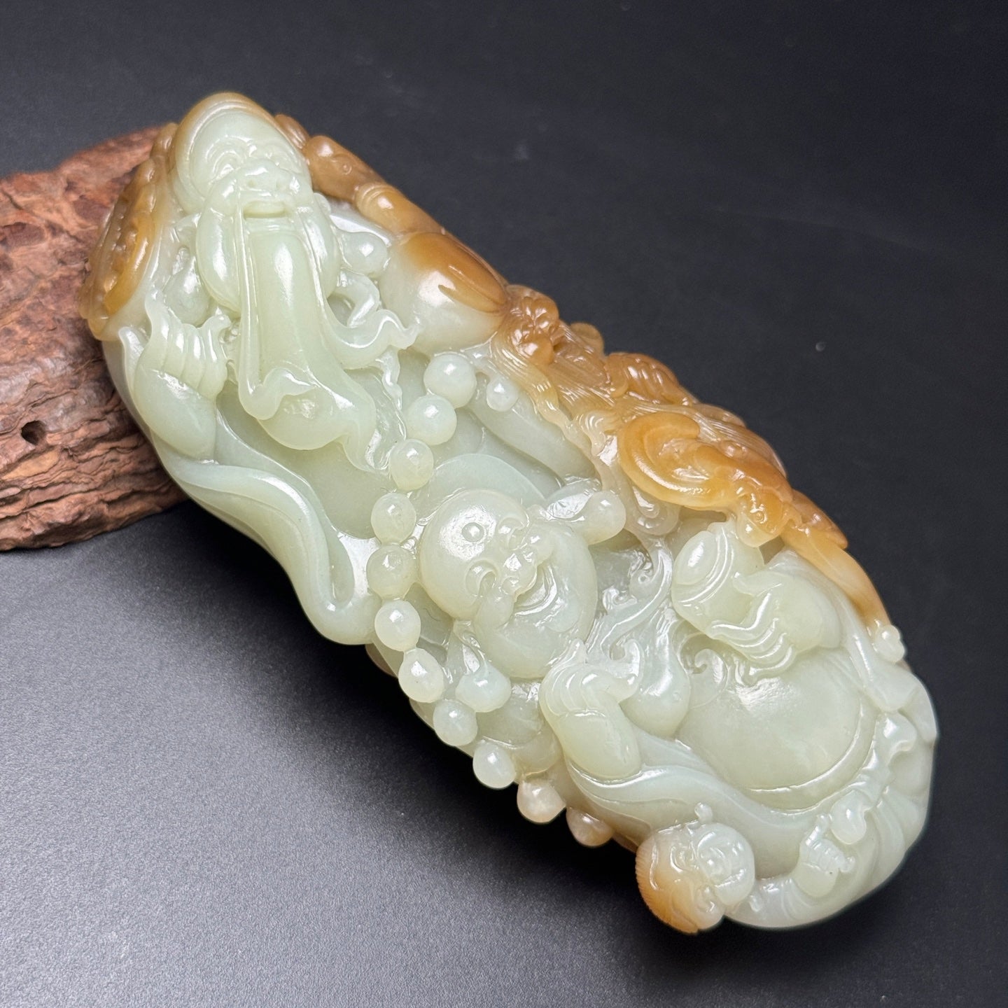 A0199 Chinese Natural Double Color Hetian Jade Carved Taoism Deity Fukurokuju Statue