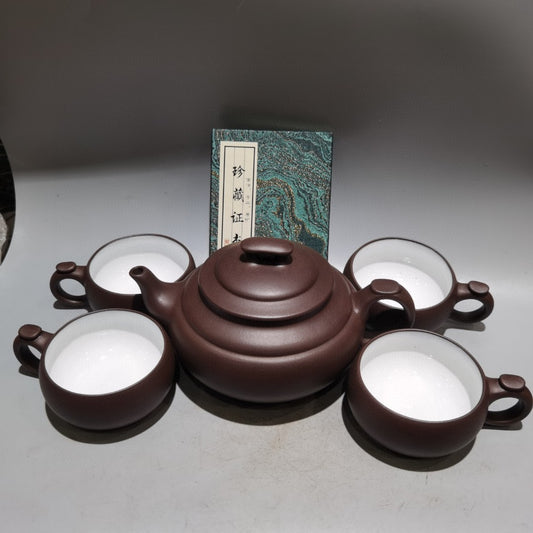 A0200 A Set Chinese Yixing Zisha Clay Teapot & Cups w Artist Signed