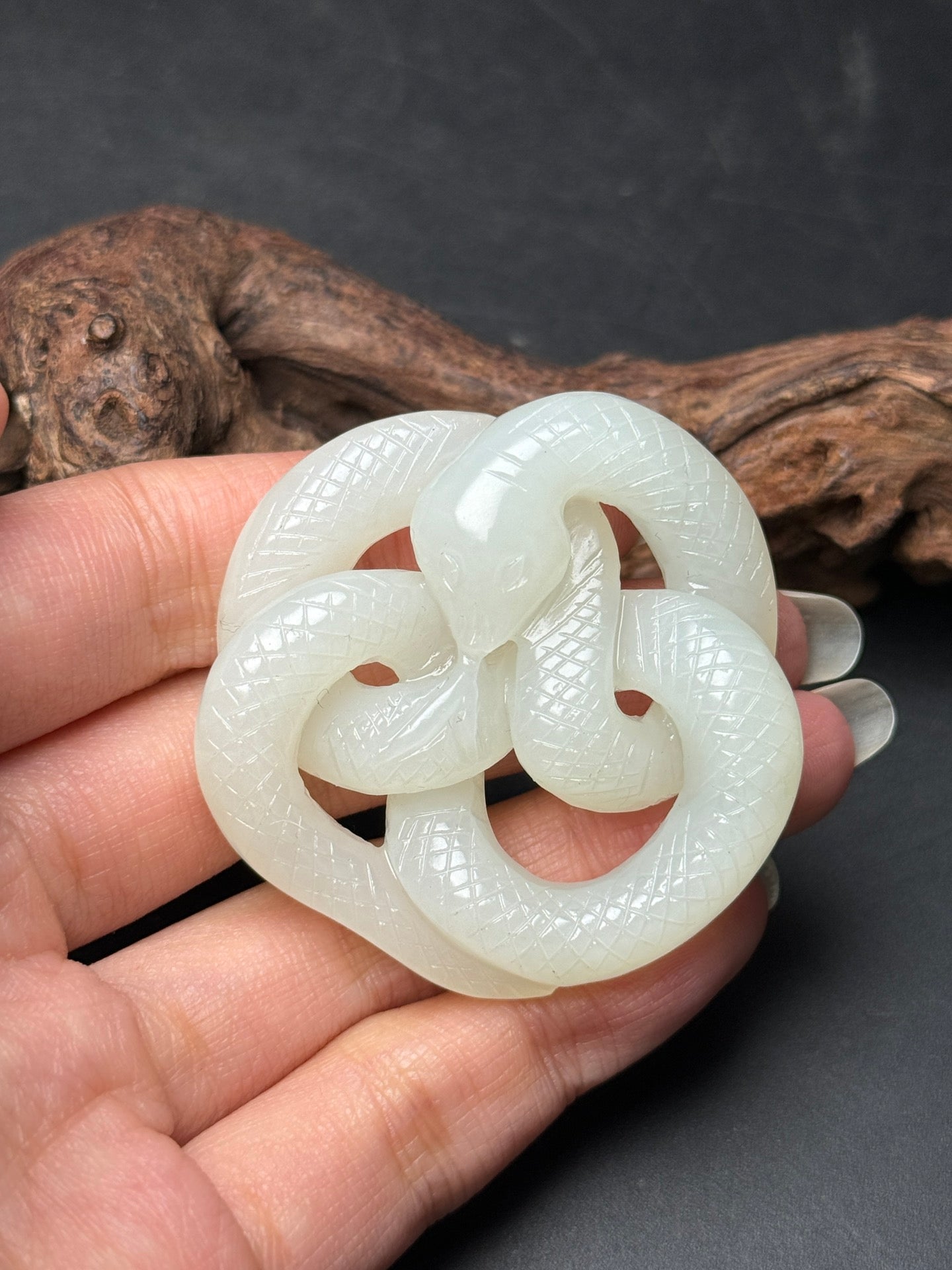 A0204 Chinese Natural White Hetian Jade Carved Snake Pendant