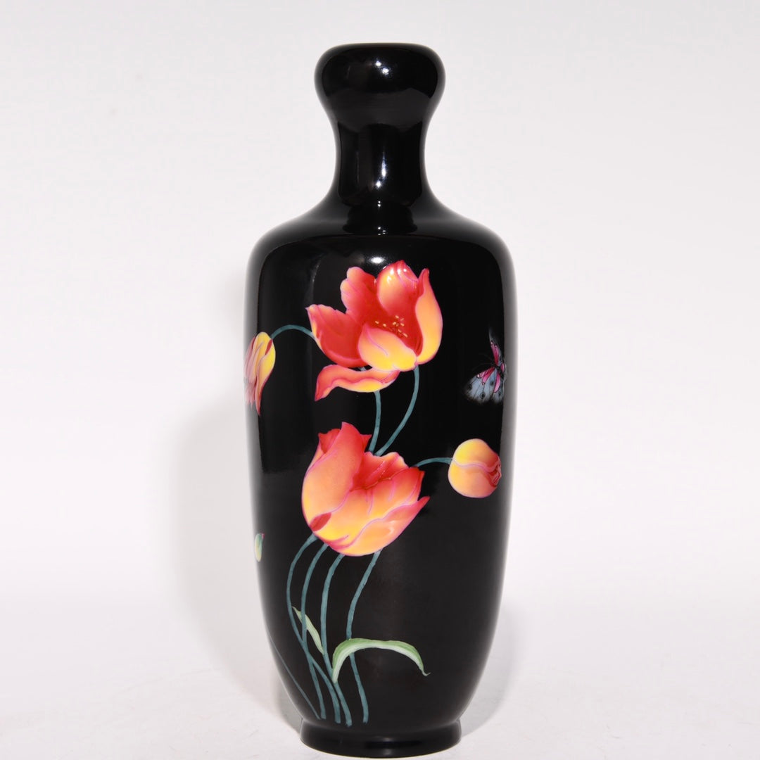 A0205 A Pair Chiense Black Glaze Famille Rose Flower Design Porcelain Vase