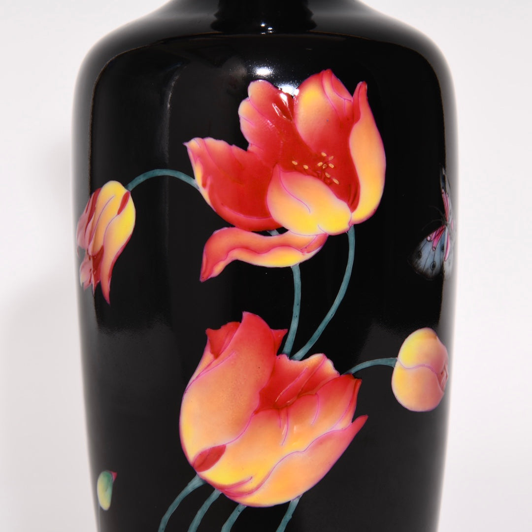 A0205 A Pair Chiense Black Glaze Famille Rose Flower Design Porcelain Vase