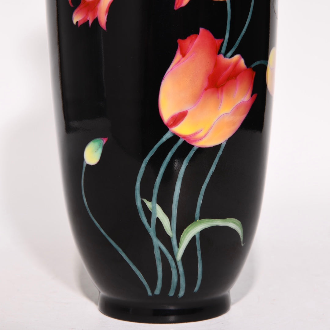 A0205 A Pair Chiense Black Glaze Famille Rose Flower Design Porcelain Vase