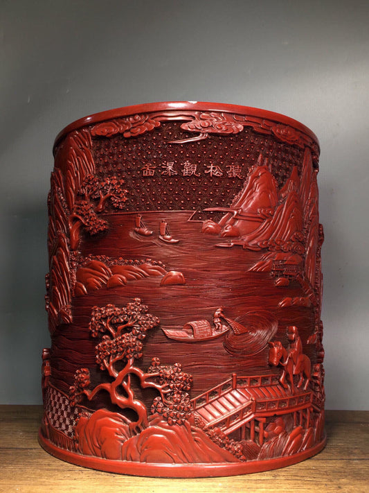 A0206 Vintage Chinese Red Lacquerware Low Relief Mountain River Scene Design Brush Pot