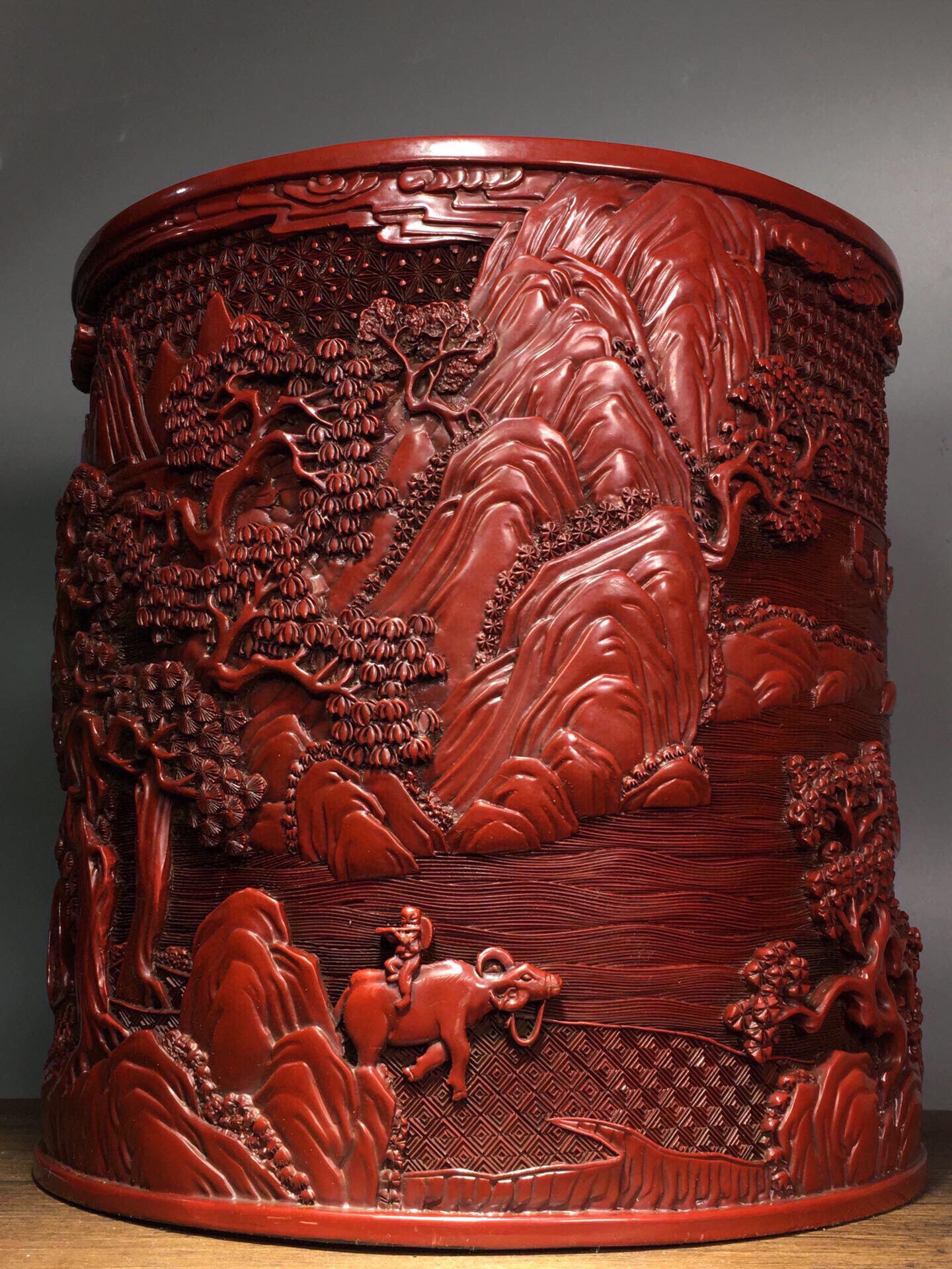 A0206 Vintage Chinese Red Lacquerware Low Relief Mountain River Scene Design Brush Pot