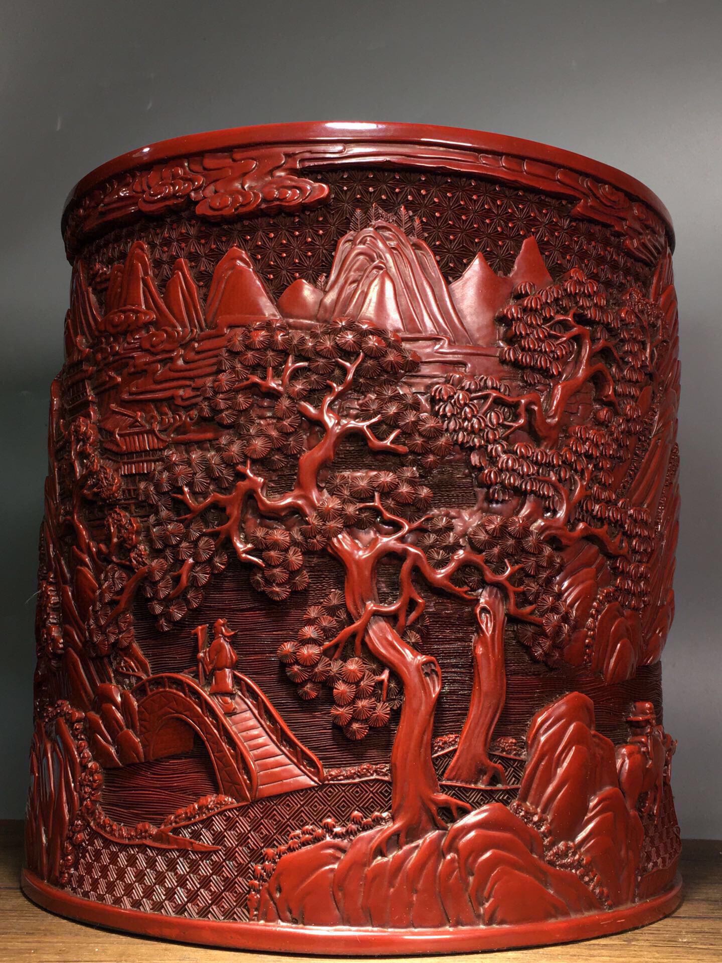 A0206 Vintage Chinese Red Lacquerware Low Relief Mountain River Scene Design Brush Pot