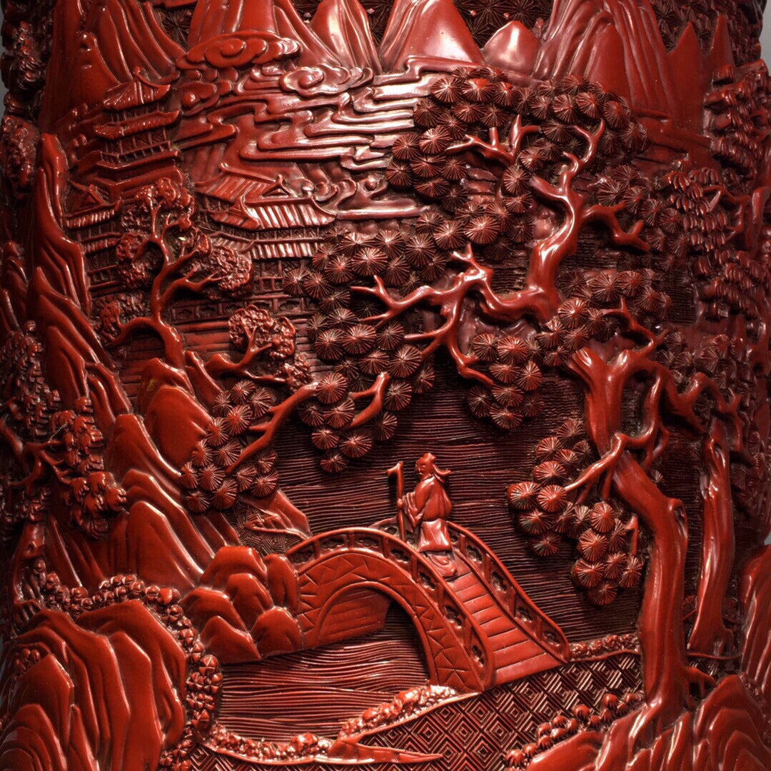 A0206 Vintage Chinese Red Lacquerware Low Relief Mountain River Scene Design Brush Pot