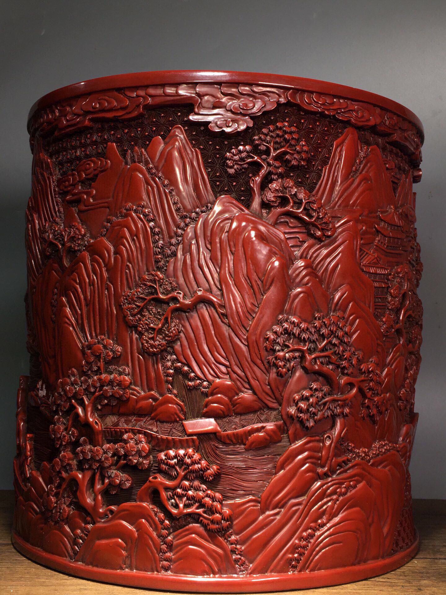 A0206 Vintage Chinese Red Lacquerware Low Relief Mountain River Scene Design Brush Pot