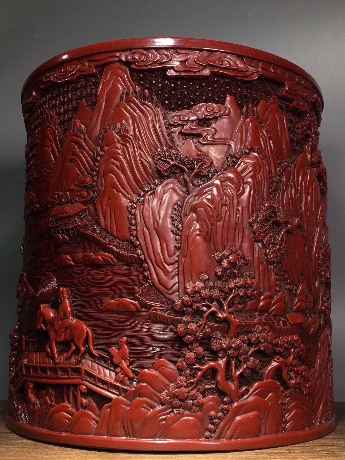 A0206 Vintage Chinese Red Lacquerware Low Relief Mountain River Scene Design Brush Pot