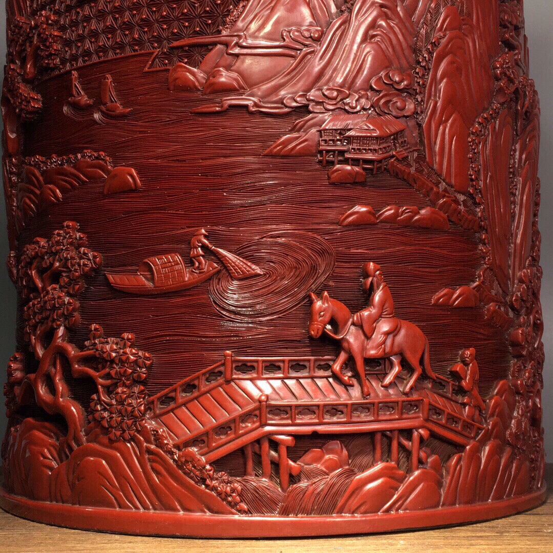 A0206 Vintage Chinese Red Lacquerware Low Relief Mountain River Scene Design Brush Pot