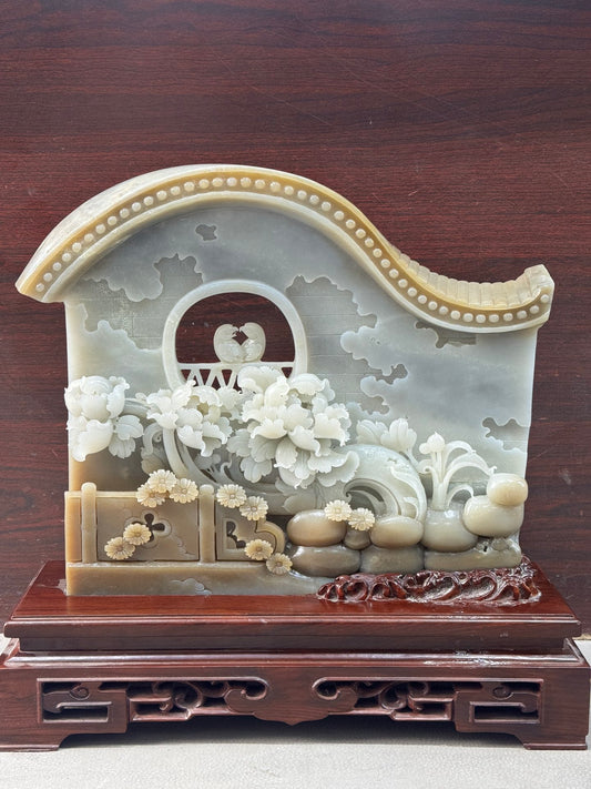 A0207 High Quality Chinese Natural Hetian Jade Carved Peony & Bird Screen