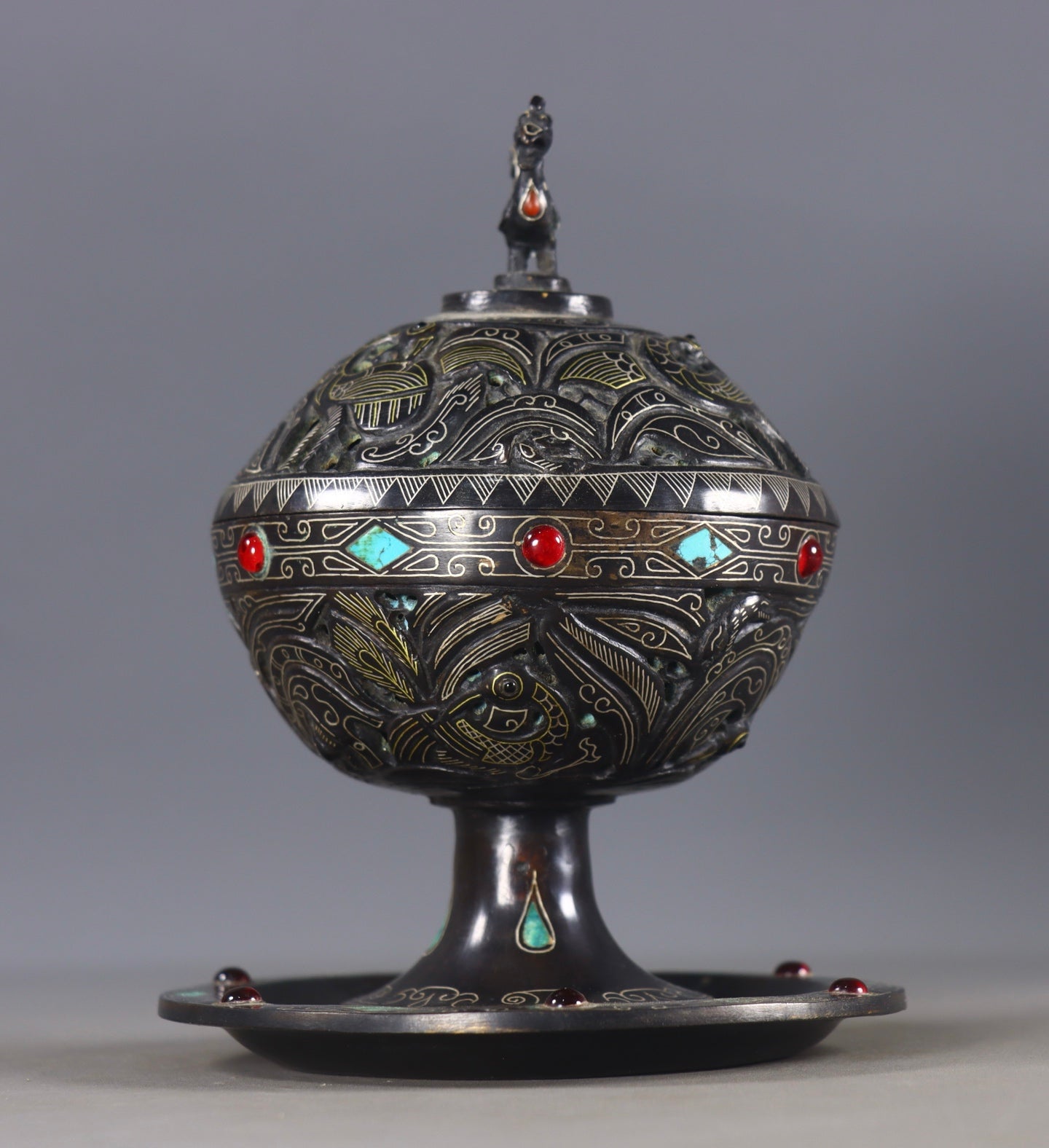 A0208 Vintage Chinese Gilt Gold-plated Silver Bronze Inlay Turquoise & Ruby Incense Burner