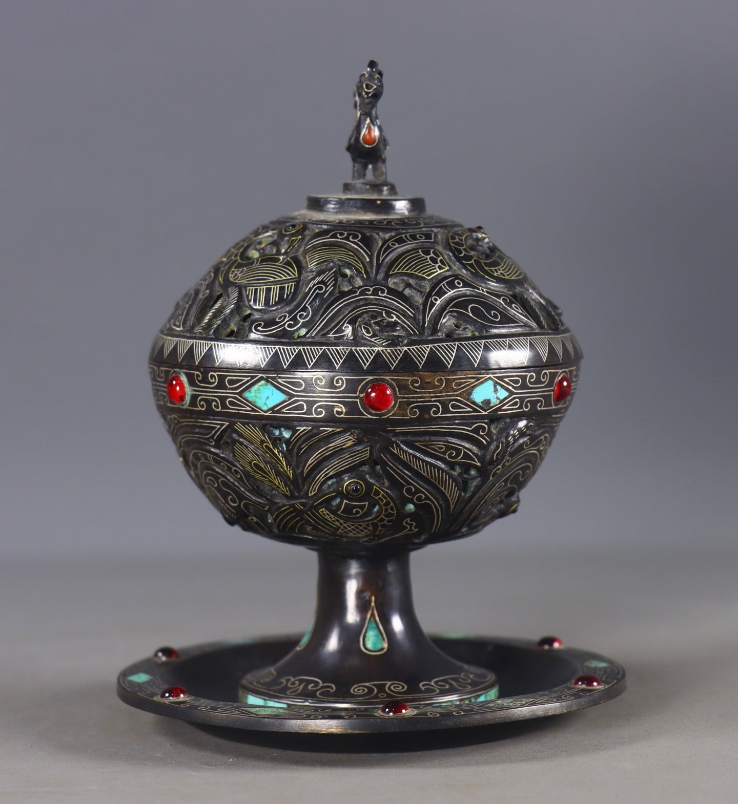 A0208 Vintage Chinese Gilt Gold-plated Silver Bronze Inlay Turquoise & Ruby Incense Burner