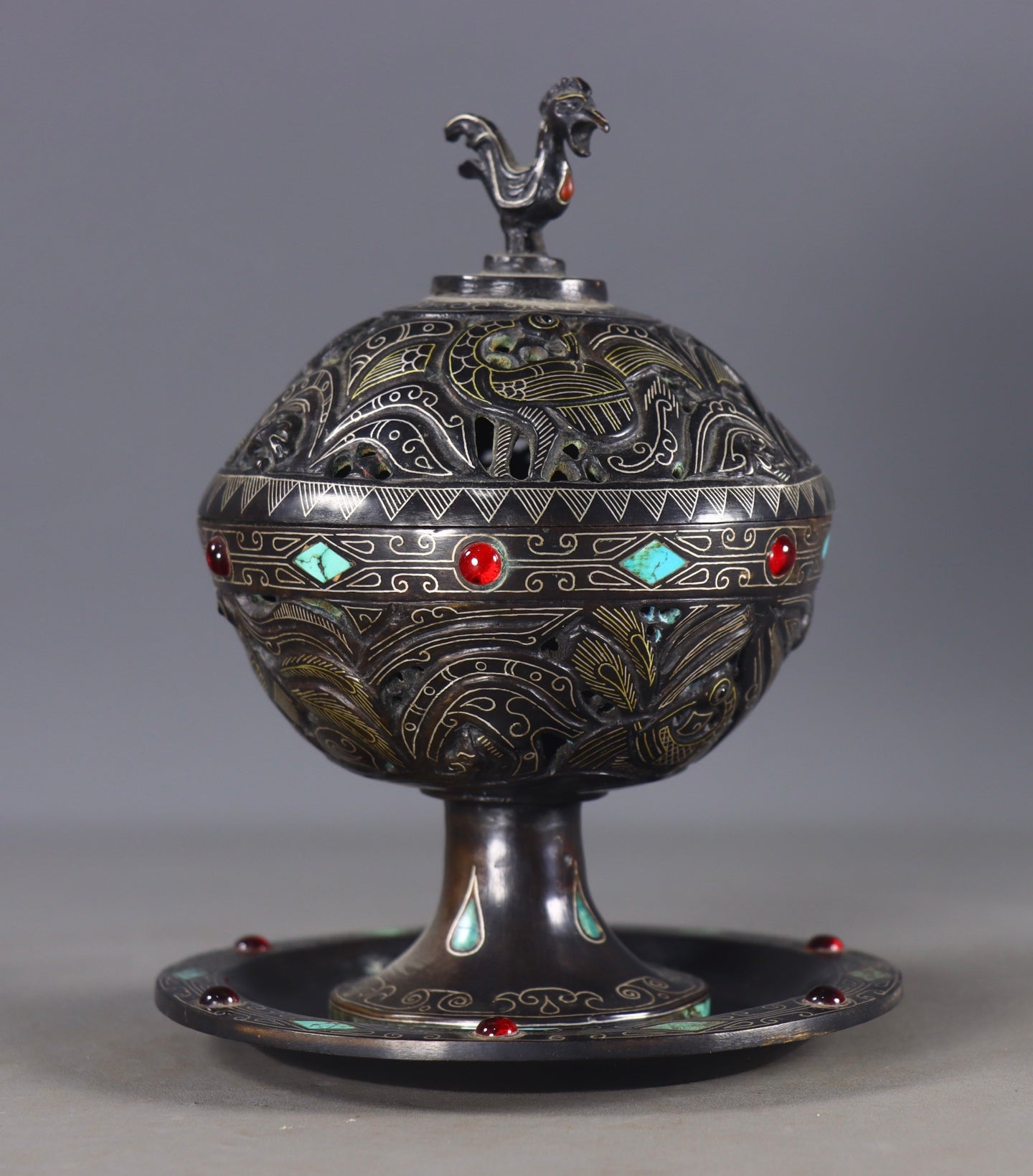 A0208 Vintage Chinese Gilt Gold-plated Silver Bronze Inlay Turquoise & Ruby Incense Burner