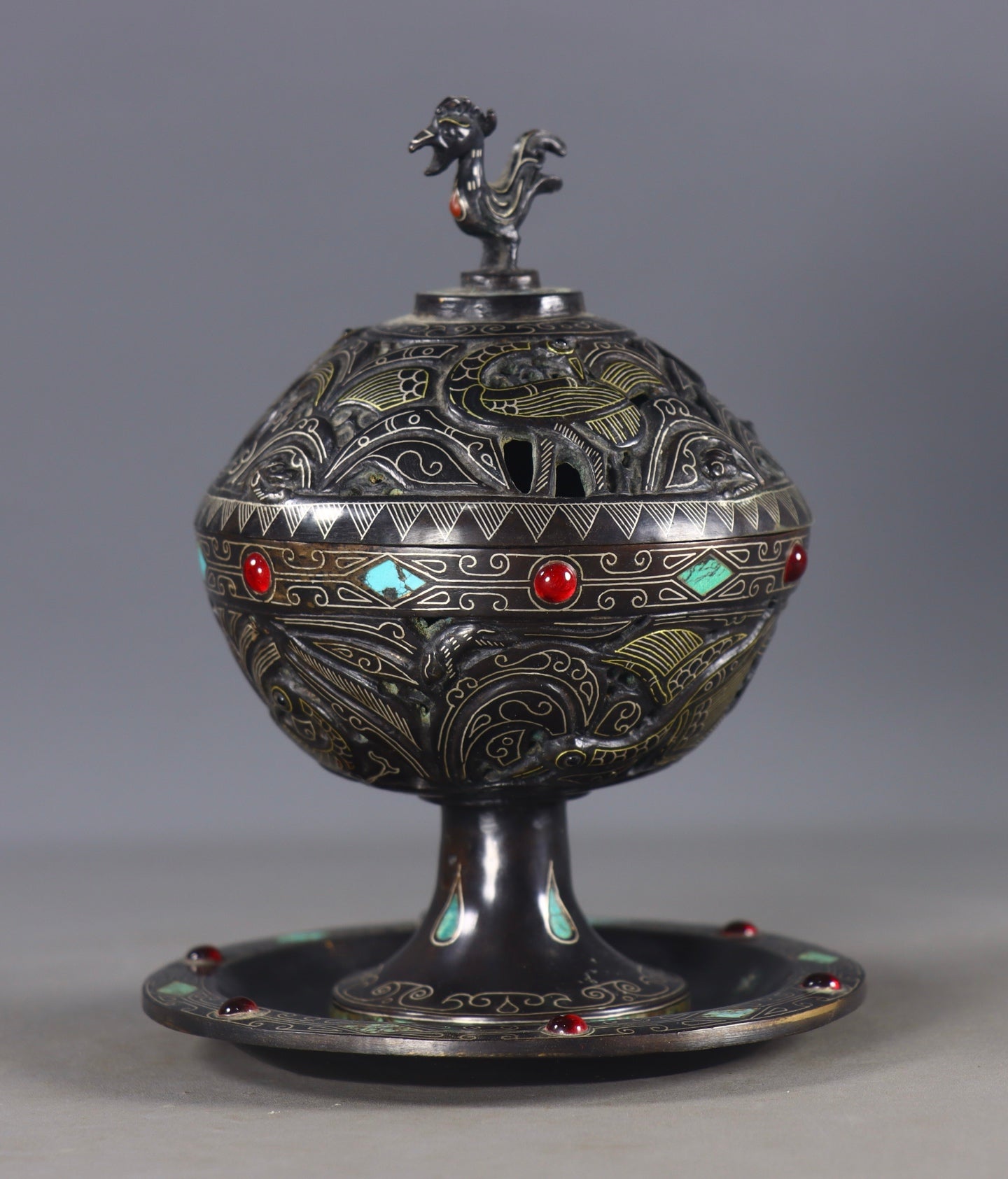 A0208 Vintage Chinese Gilt Gold-plated Silver Bronze Inlay Turquoise & Ruby Incense Burner