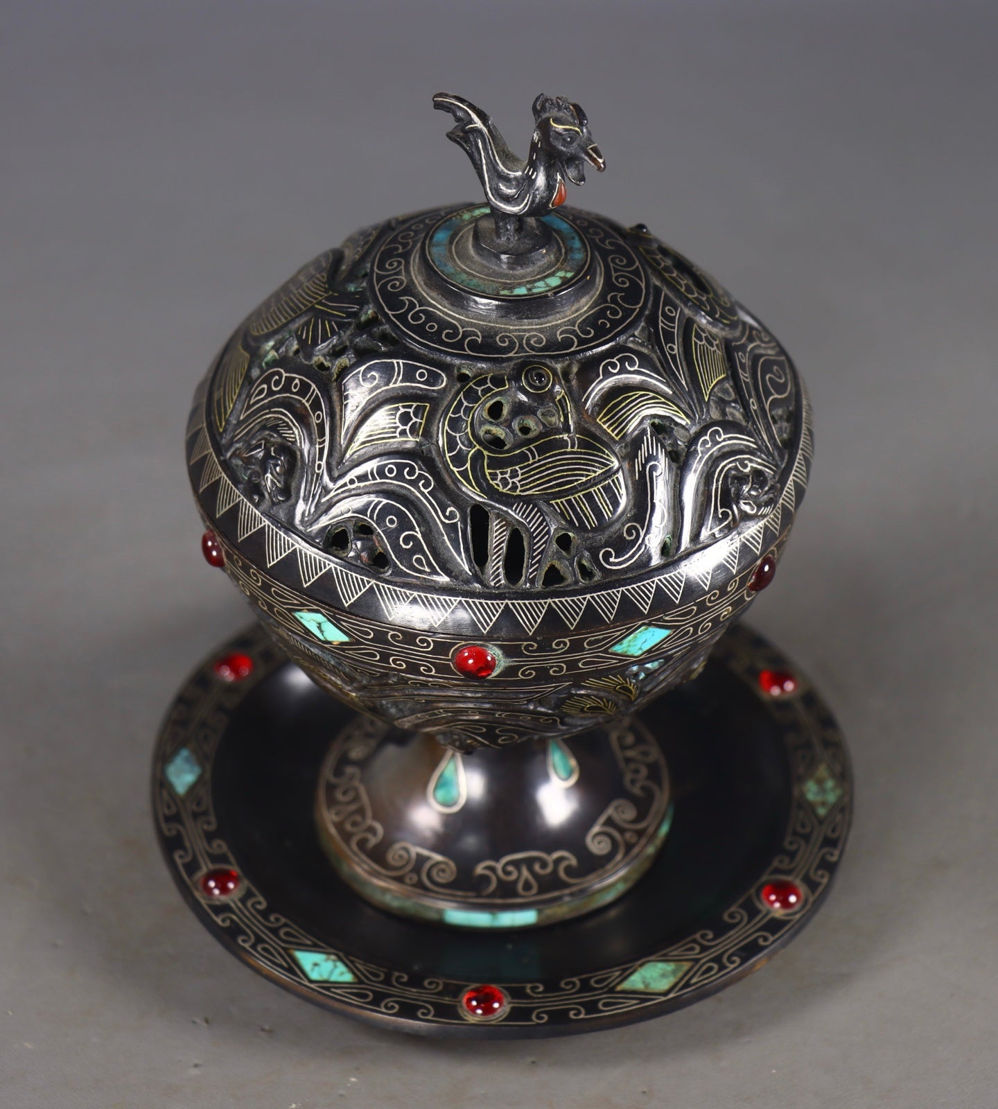 A0208 Vintage Chinese Gilt Gold-plated Silver Bronze Inlay Turquoise & Ruby Incense Burner